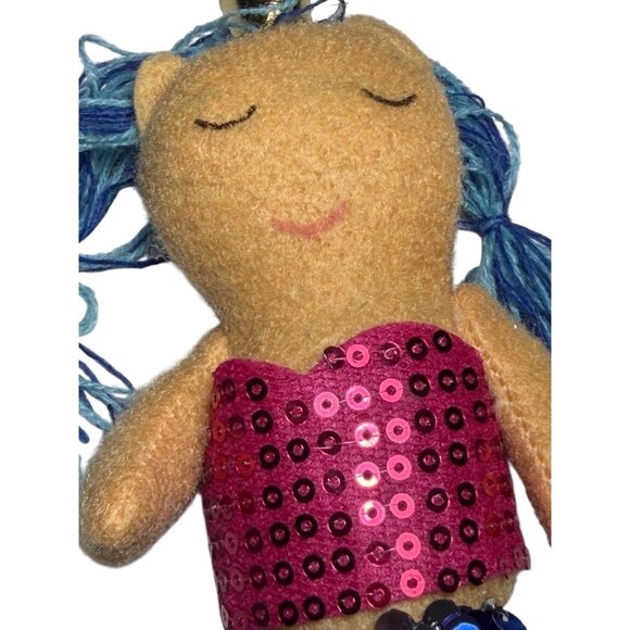 Sequin Mermaid Plush Ornament With Blue Yarn Hair & Gold Loop For Hanging - Picture 2 of 4
